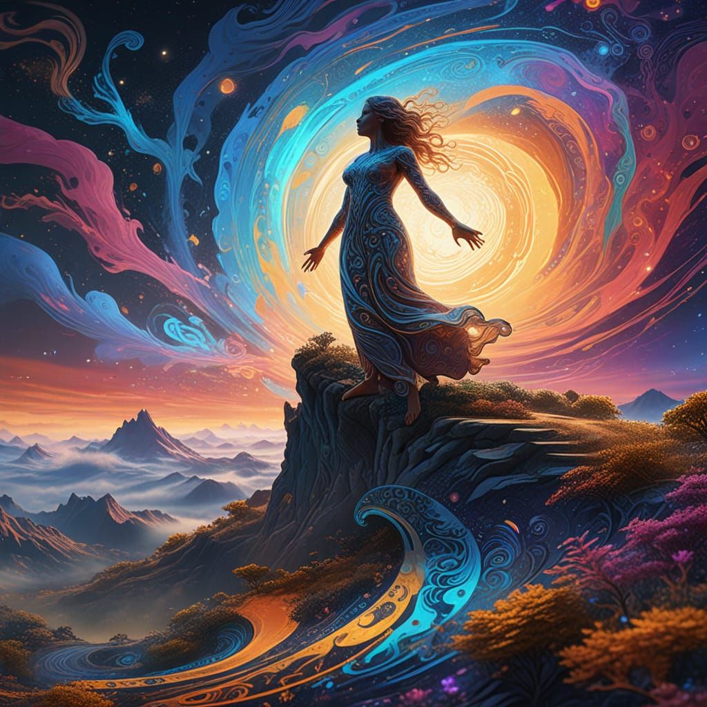 Cosmic Figure Rises from Earth at Dawn