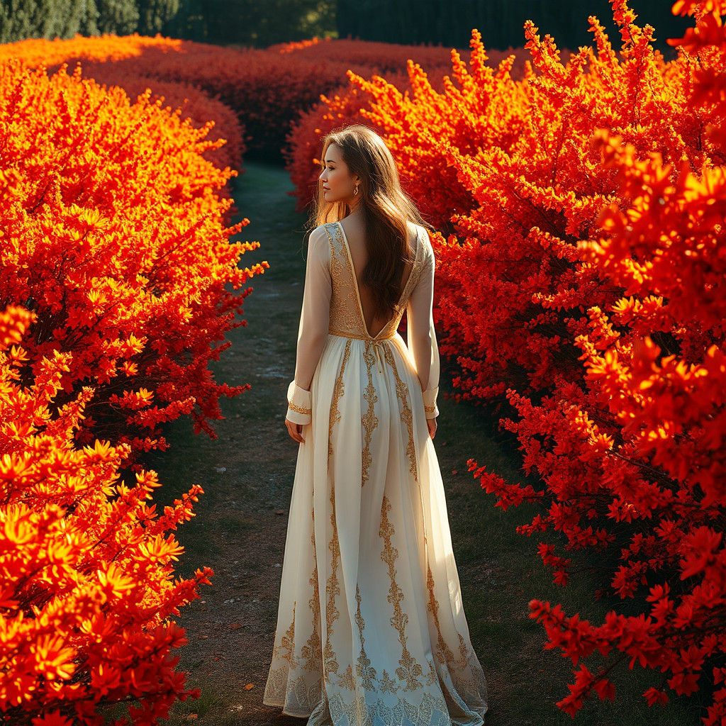 Woman in Fiery Garden, Rothko, Klimt, and Beksiński Style