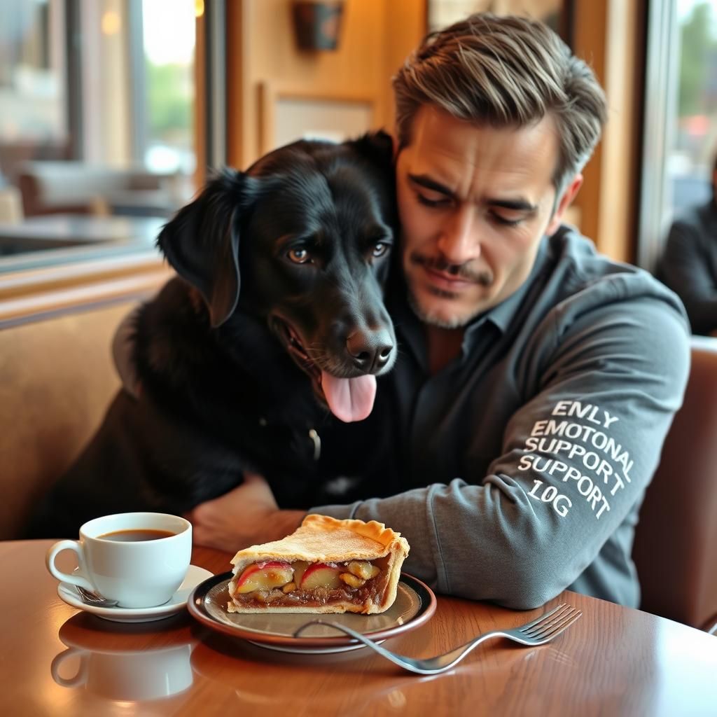 A handsome man sitting in a restaurant having a coffee  on the table and slice of apple pie on a small plate  on the tab...