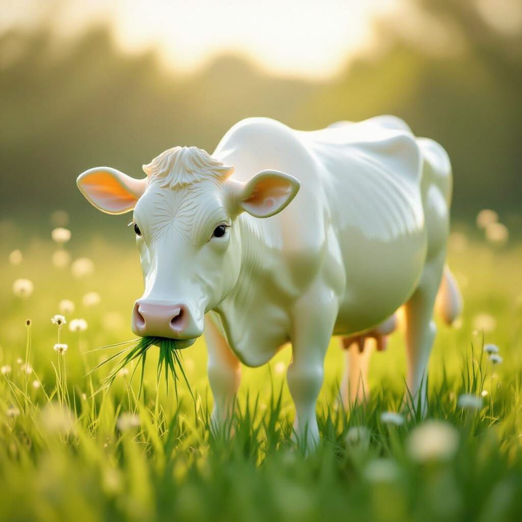 Milk Cow Grazing in Sunny Meadow, Whimsical Illustration