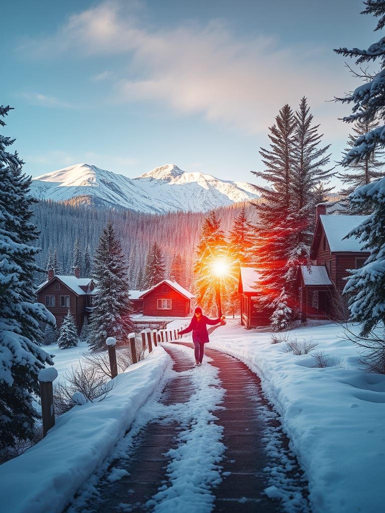 Winter Village Double Exposure: Solitude on Snowy Trail