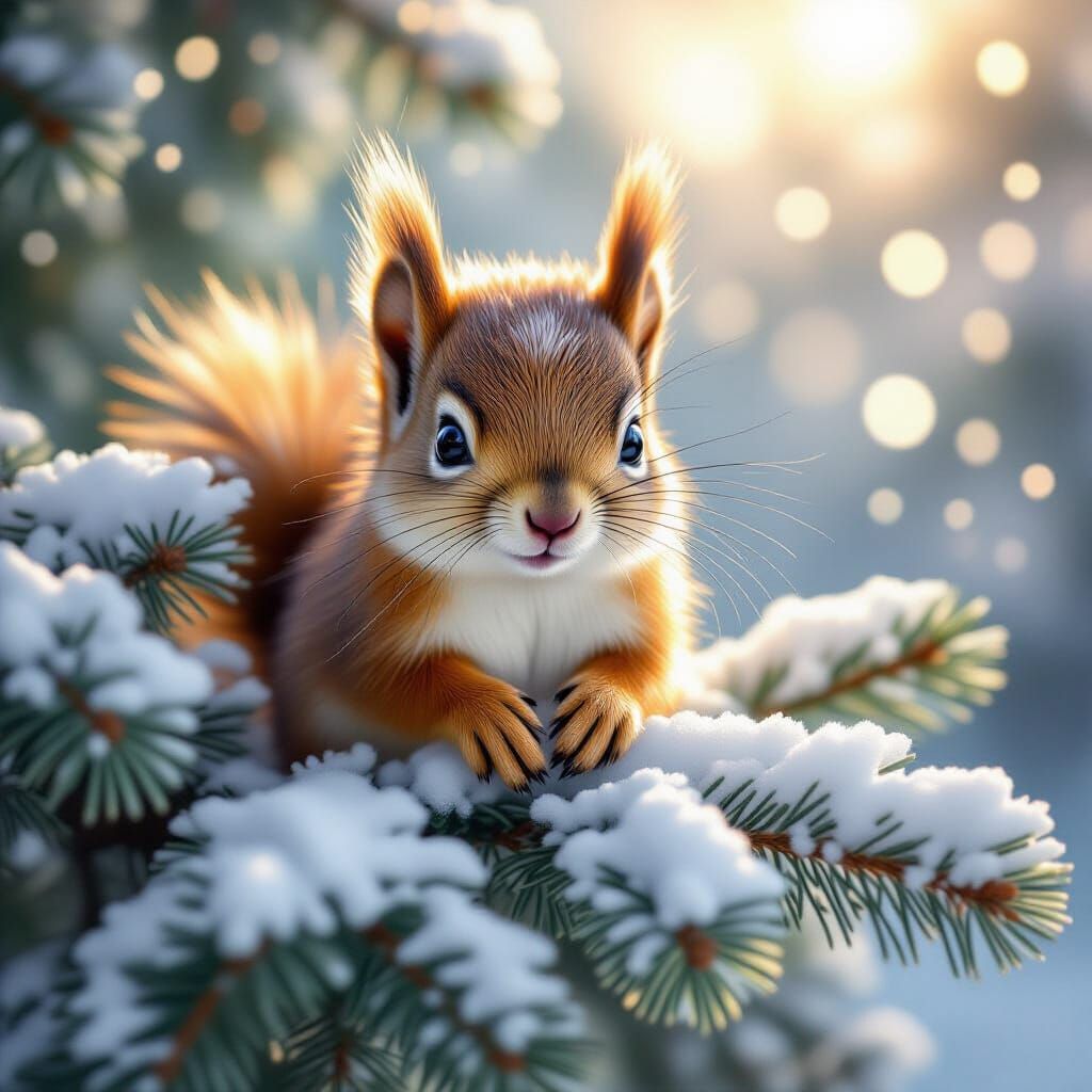 Cute Baby Squirrel in Snowy Pine Tree, Fantasy Art