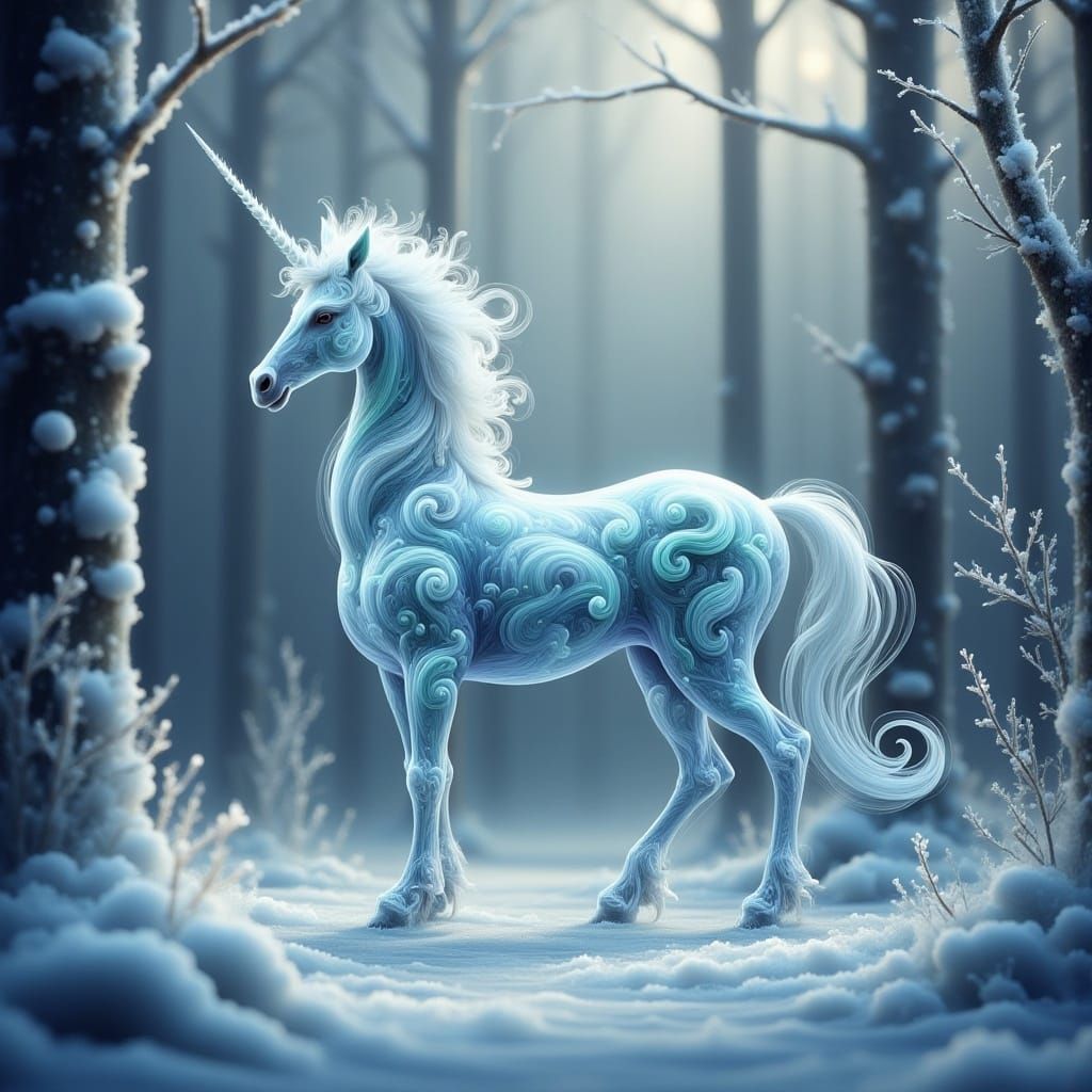 Glass Unicorn in Winter Forest, Ethereal Landscape