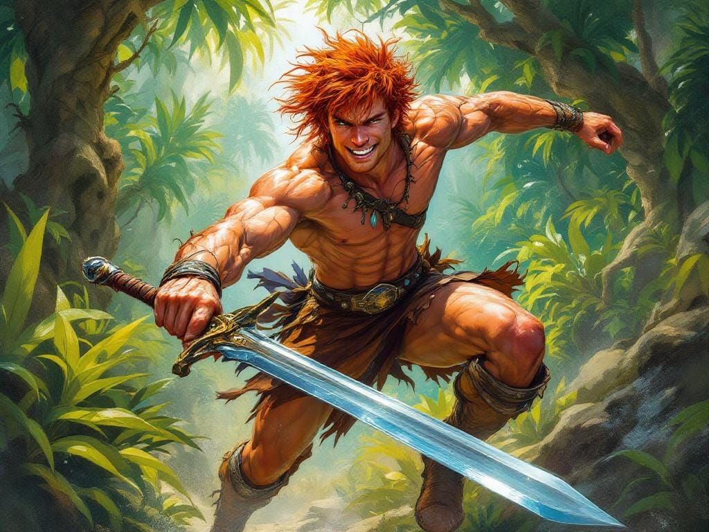 Ginger Warrior Leaps in Alien Jungle, as Fantasy Art