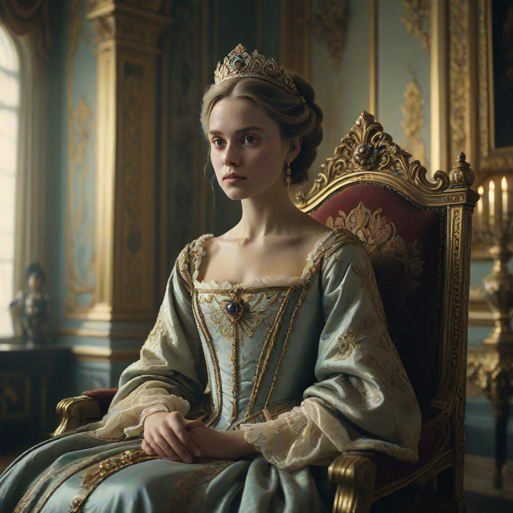 Regal Russian Princess on Throne in Moscow Palace