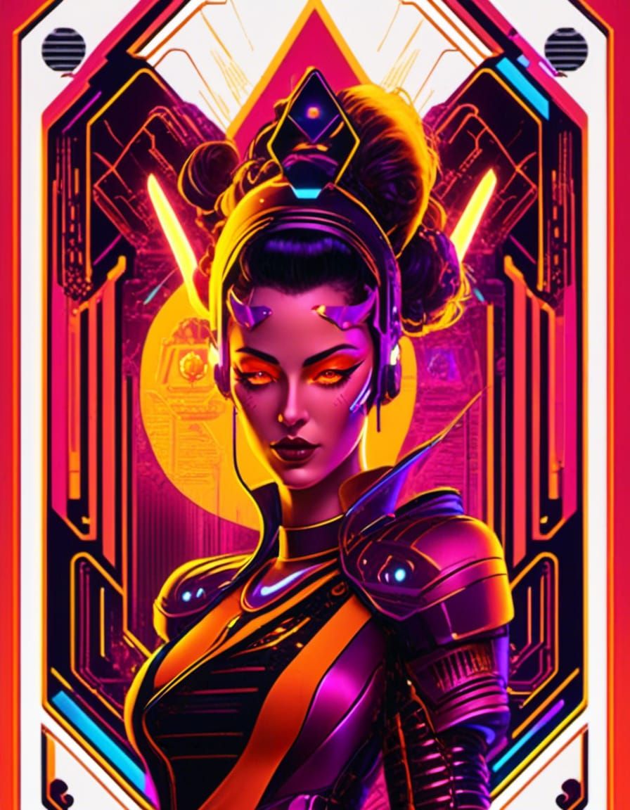 Vaporwave cyberpunk Tarot: The Devil red, orange, yellow, evil, fractal, TRON inspired, face up, Unreal Engine 5 8K reso...