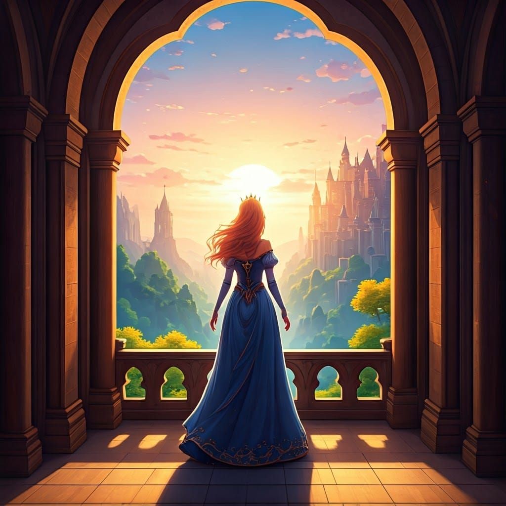 Dawn Princess on Castle Balcony in Anime Style