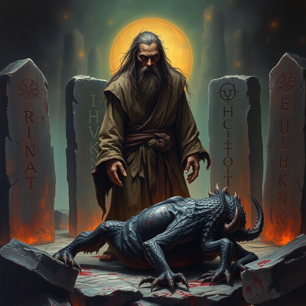 Wild Druid Amidst Blood-Stained Standing Stones