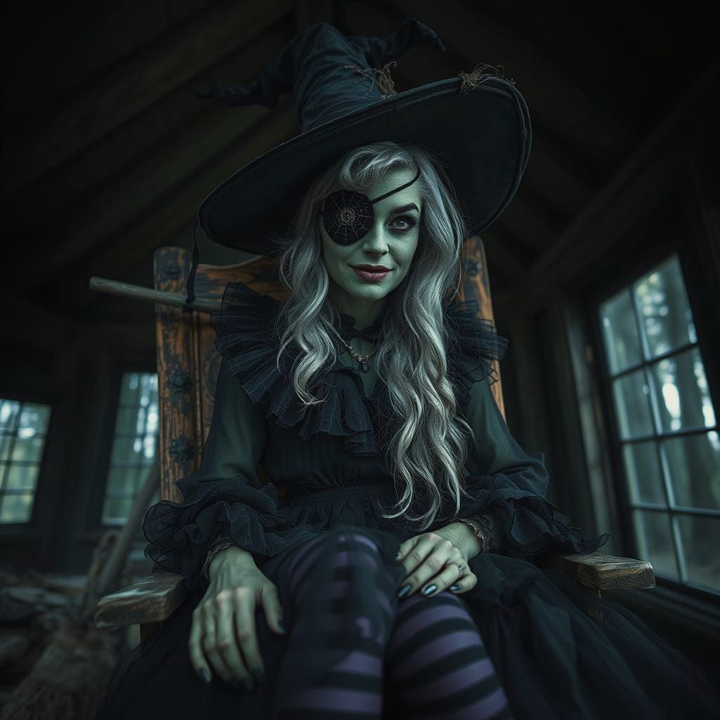 Grey Haired Witch in Cabin, Dark Fantasy Art
