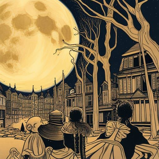 Art Nouveau Ancient Town with Full Moon in Blue Ink