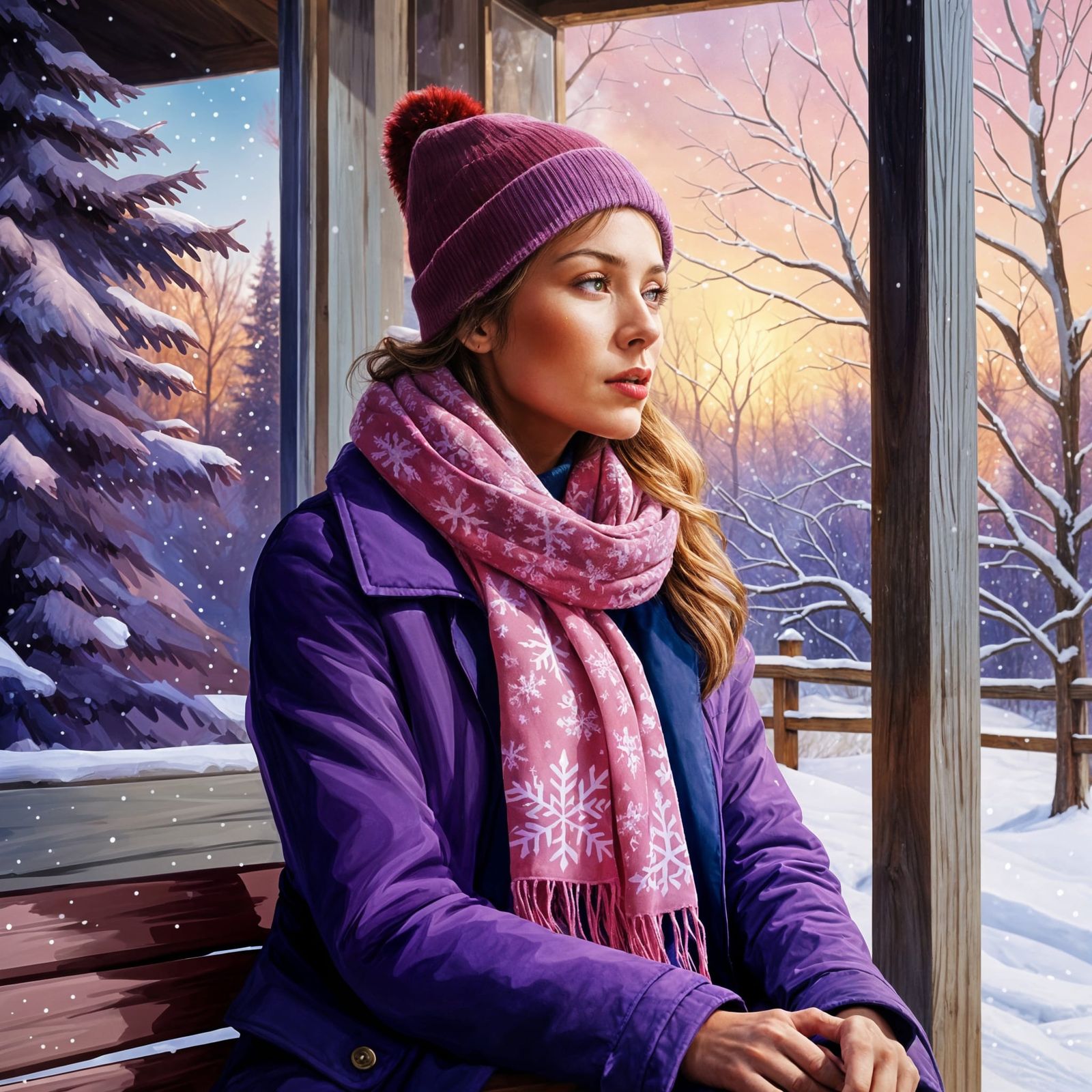 Woman in Winter Attire on Porch