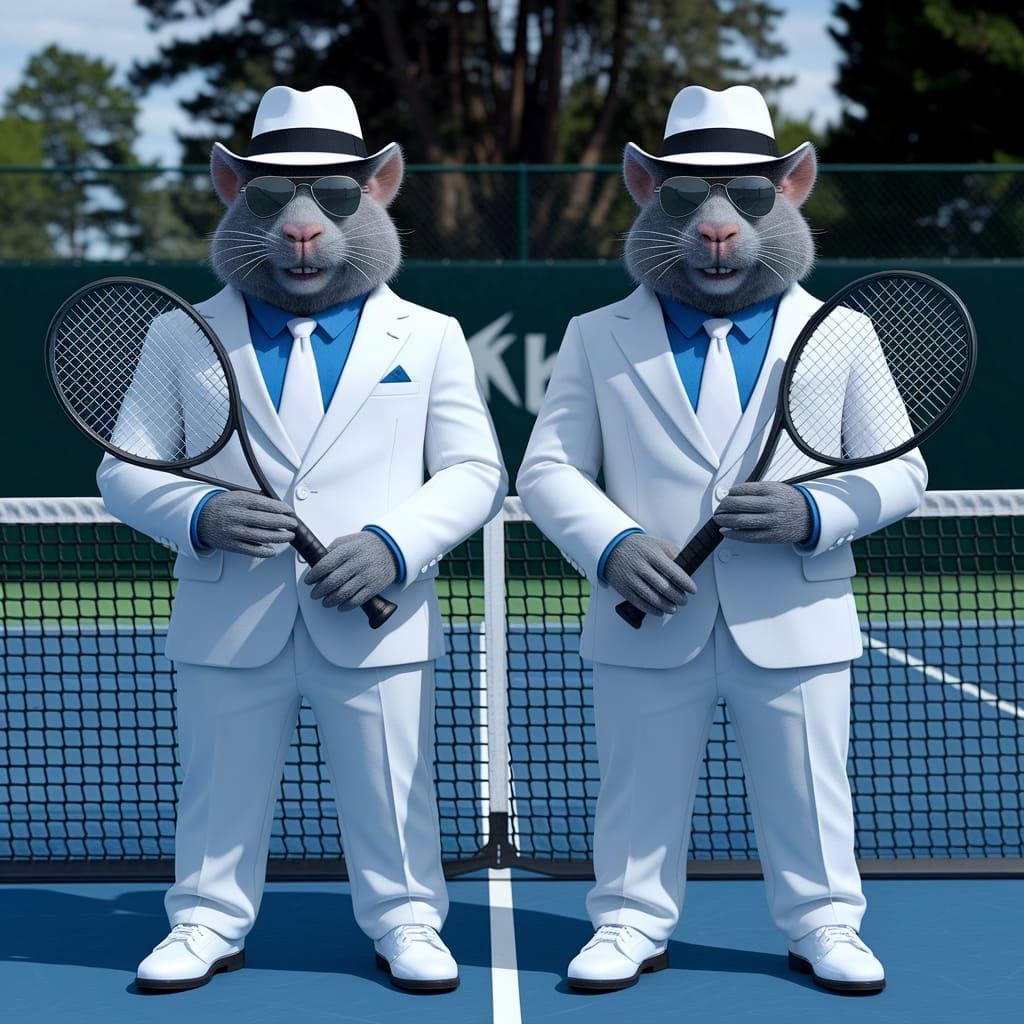 Anthropomorphic Wombats in White Suits on Tennis Court
