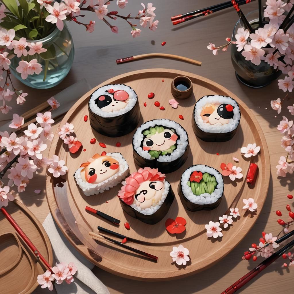 Anime Sushi with Cute Faces in 3D Art