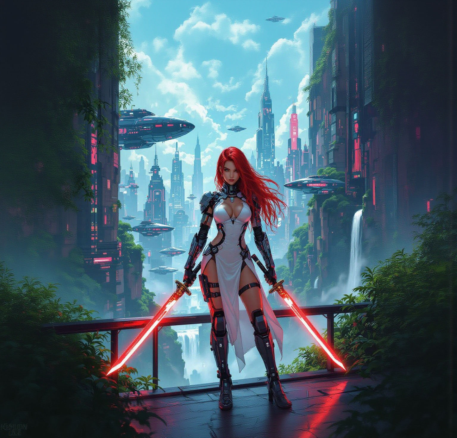 Cyberpunk Solarpunk City with Warrior Woman