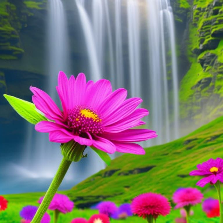 Pictogram Cave with Waterfalls and Wildflowers