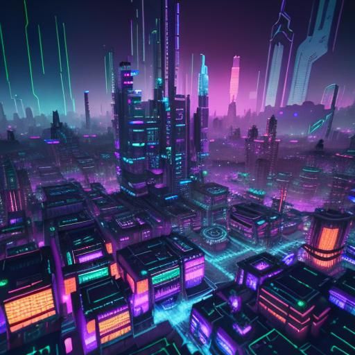 Cyberpunk Cityscape with Neon Circuits and Holograms