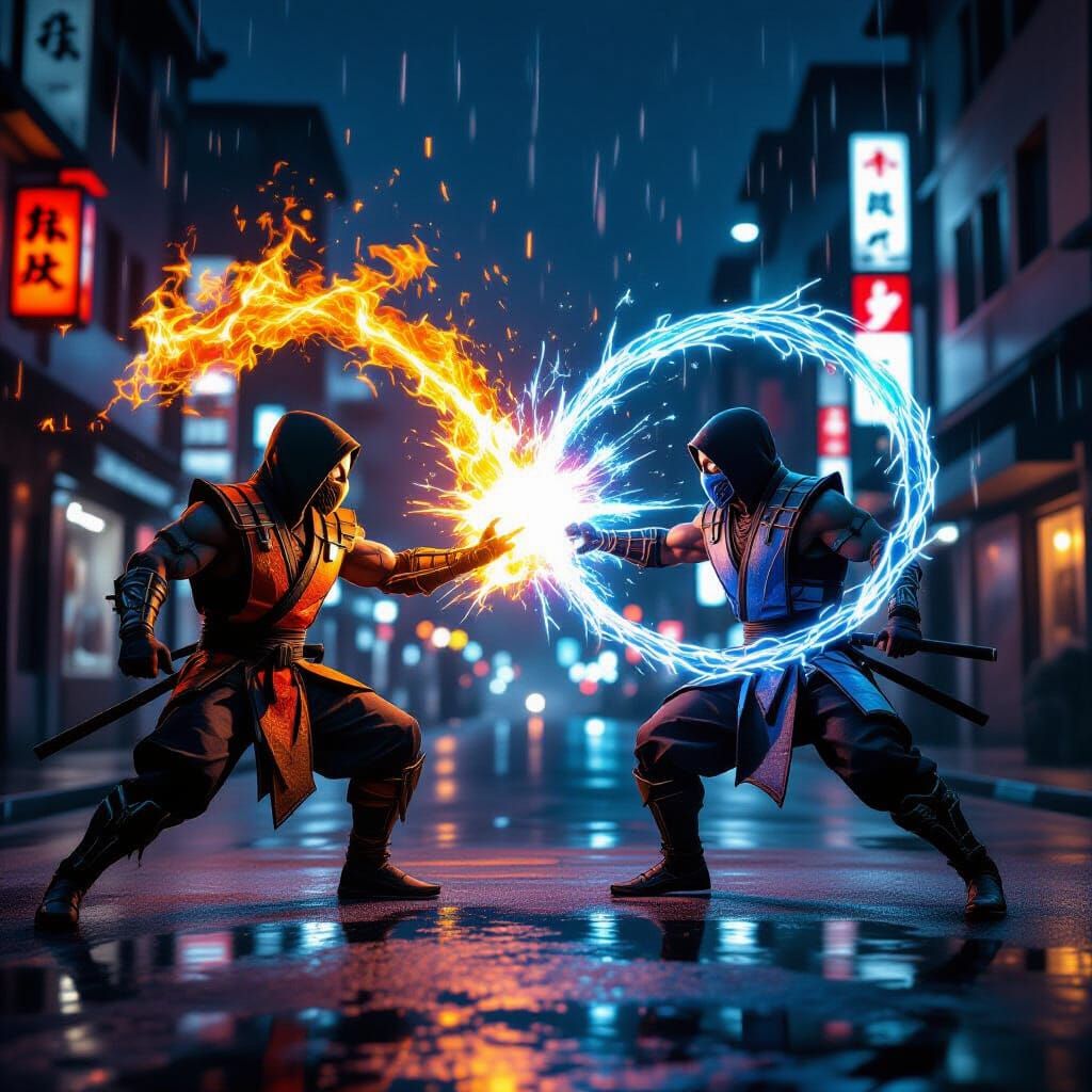 Scorpion vs. Subzero Epic Battle in Rainy Japan Street