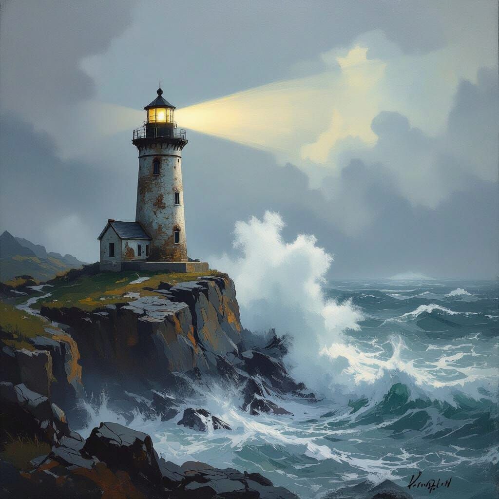 Dramatic Seascape: Lighthouse Against Stormy Seas