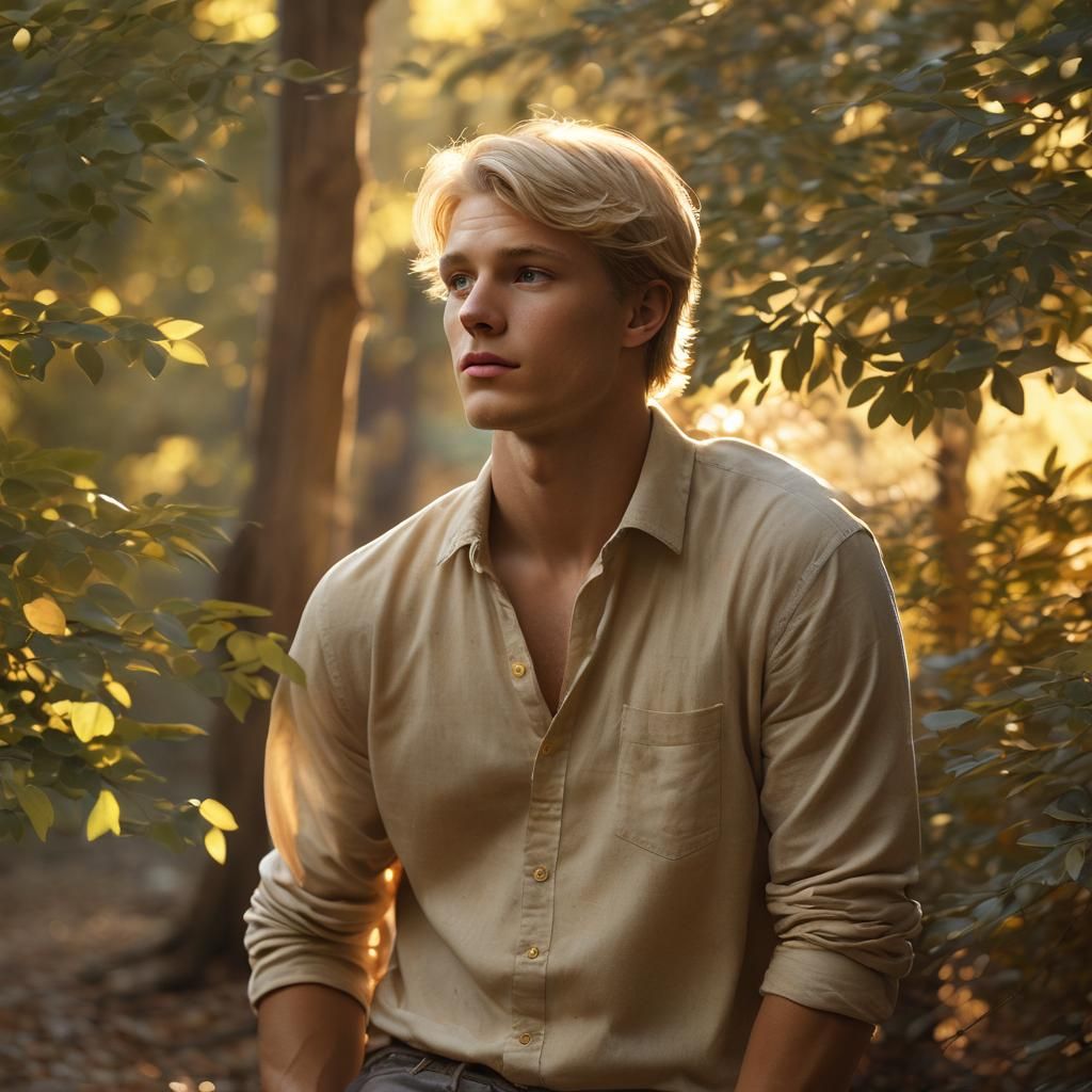 Young Blond Man in Sunlit, Soft Focus Landscape