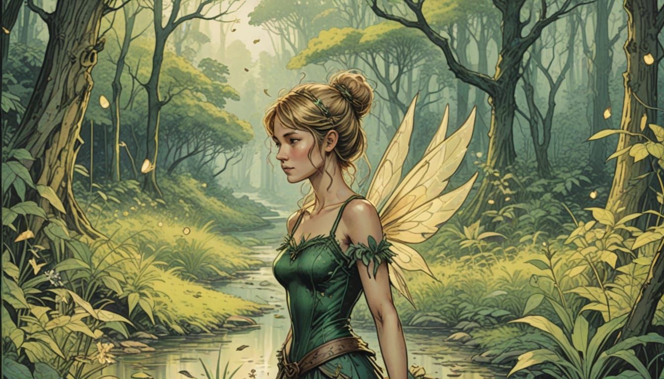 Tinkerbell in Whimsical Forest, Inspired by Albrecht Durer a...