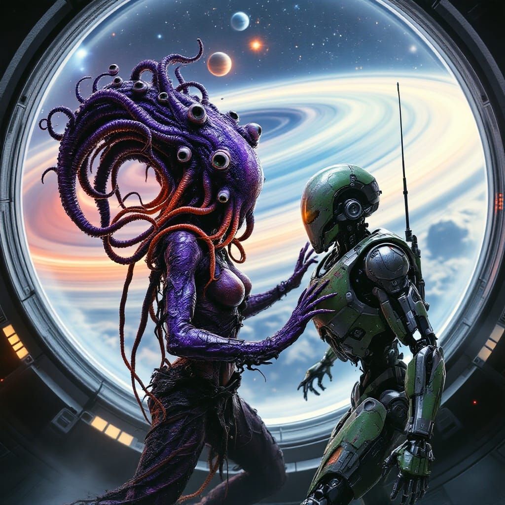 Alien Warrior Engages Fierce Battle with Robot in Futuristic...