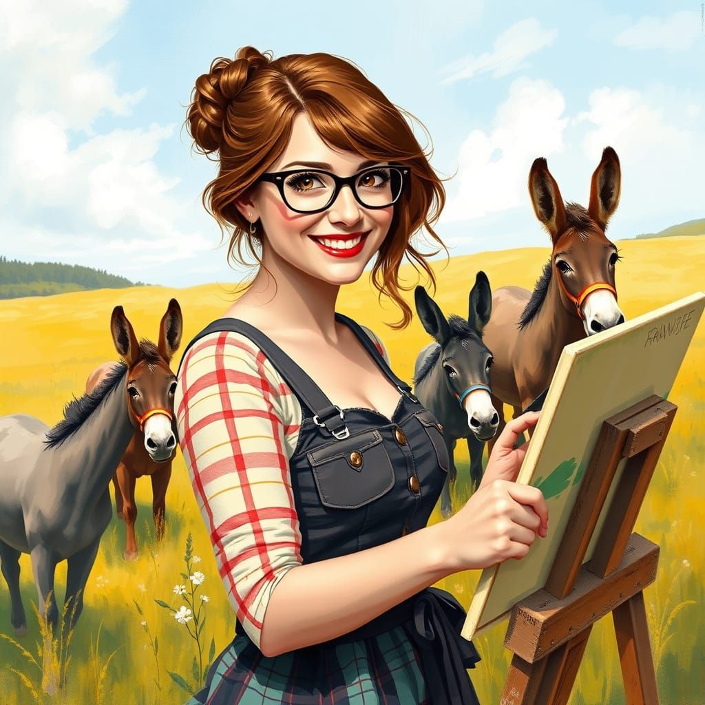 Woman Painting with Donkeys in Whimsical Style