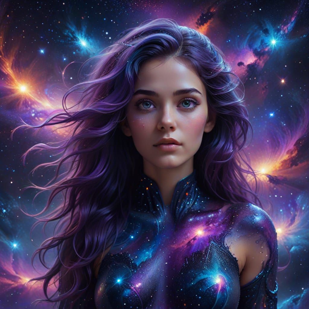 Cosmic Beauty: Woman Against Galactic Swirls