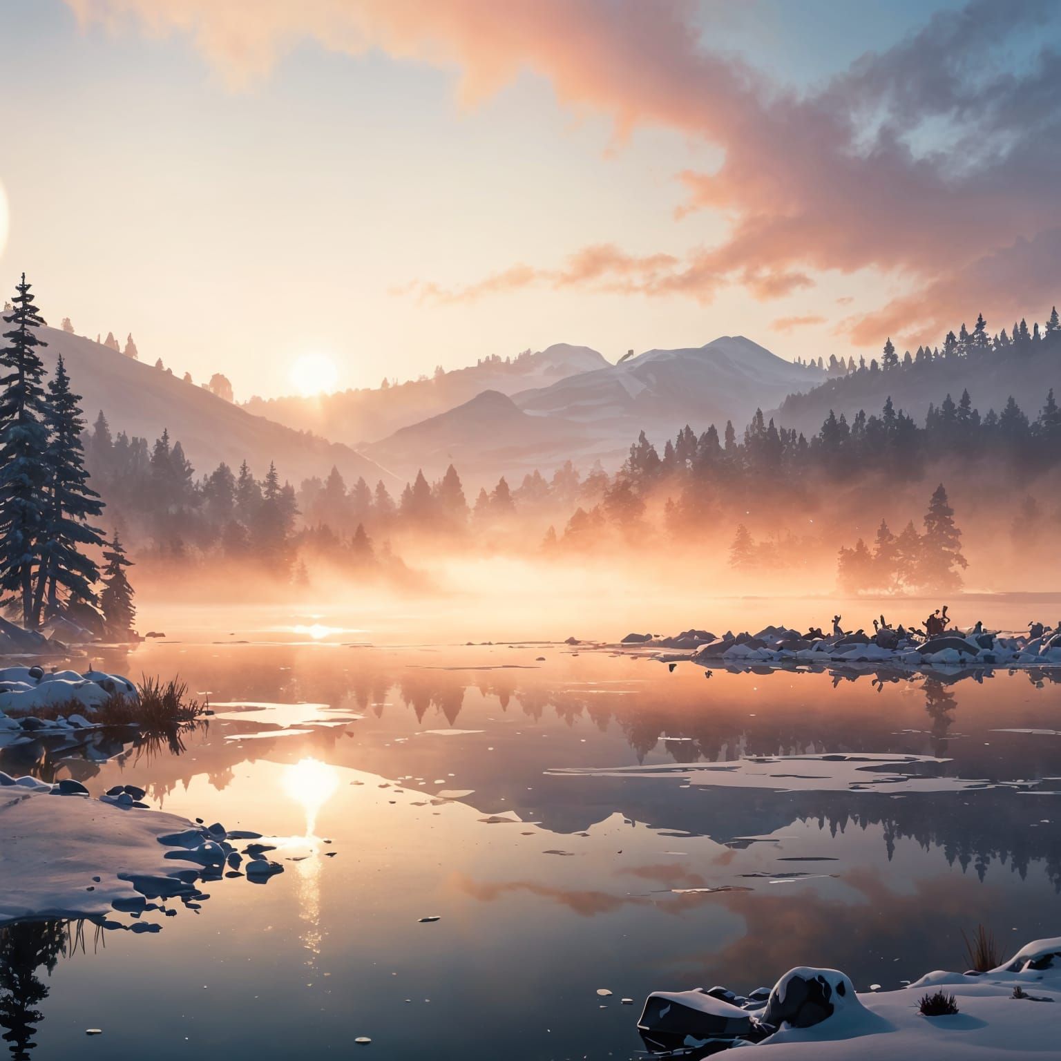 Frozen Winter Lake at Dusk