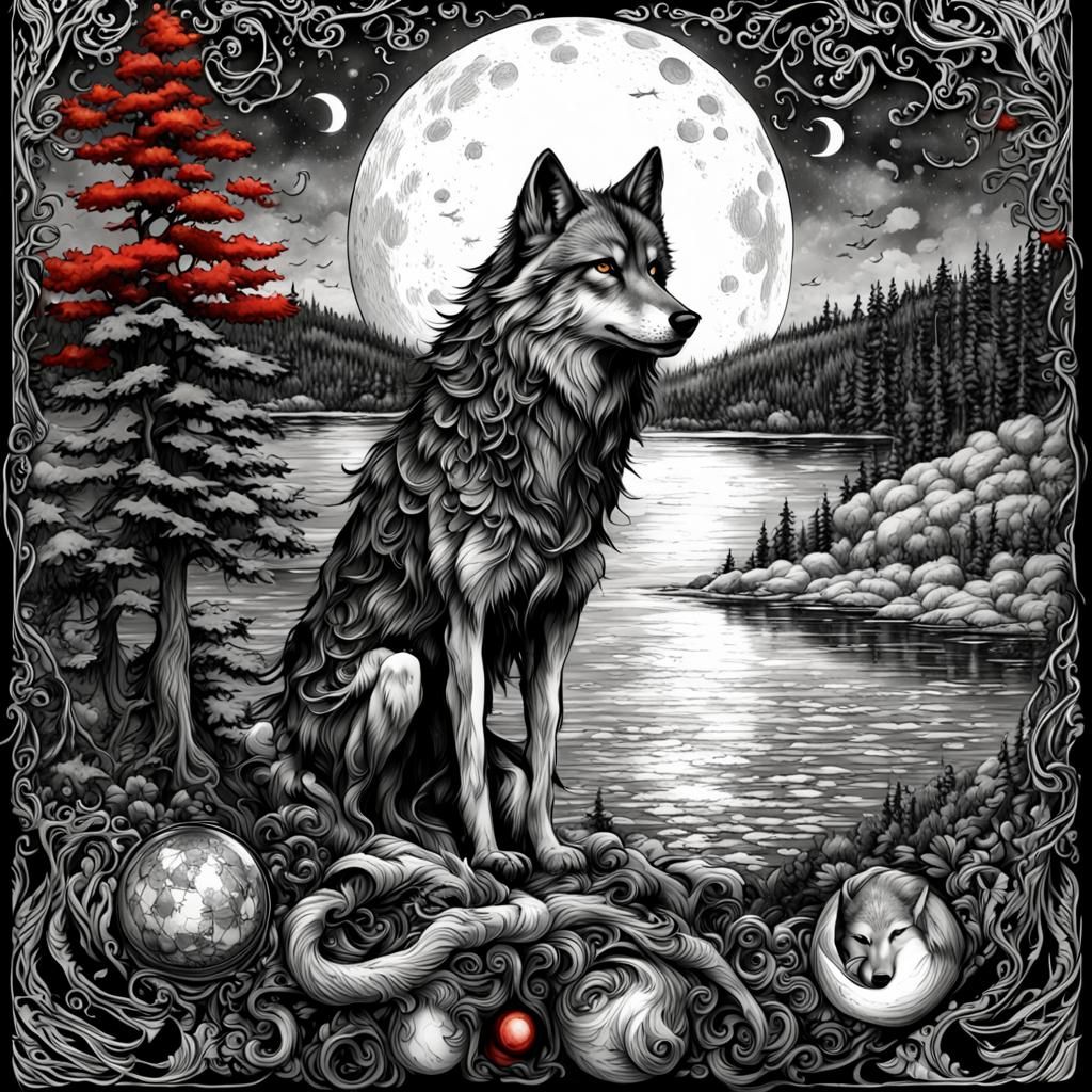 Realistic Tattoo Design: Astronomer, Wolf, and Moon