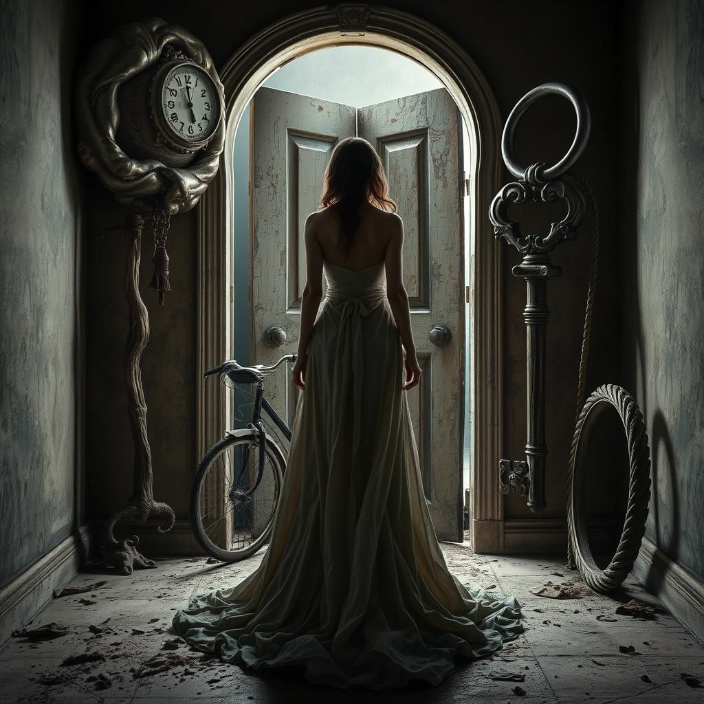 Surreal Woman at Warped Doorway with Distorted Objects