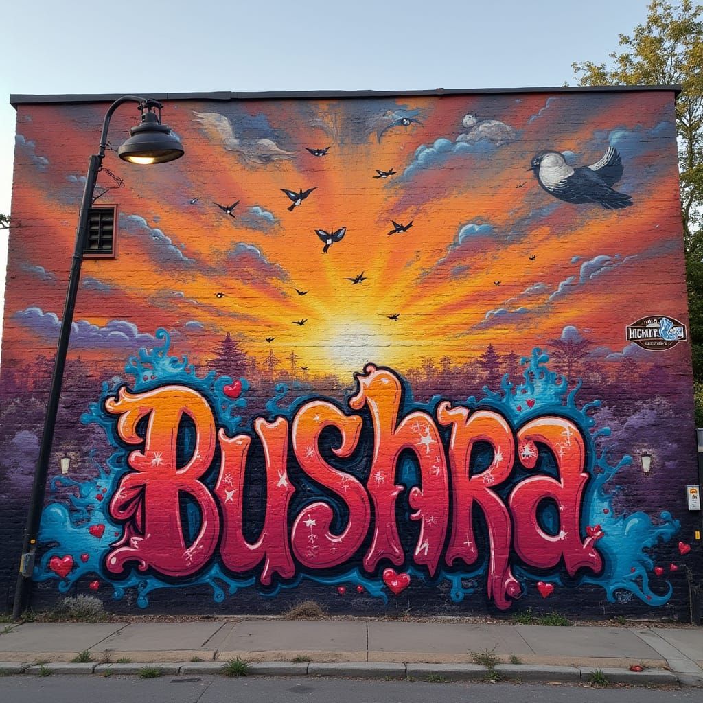 Graffiti Art of 'BUSHRA' on Brick Wall at Sunset