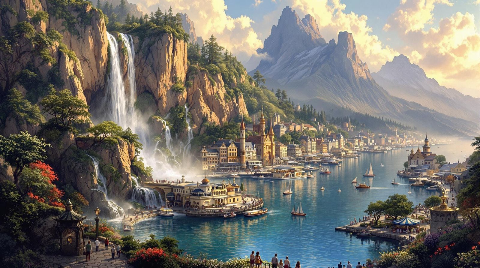 Whimsical Cityscape with Majestic Waterfall