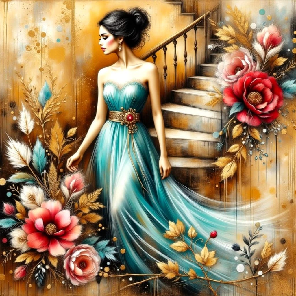 Young Woman Ascends a Vibrant Staircase