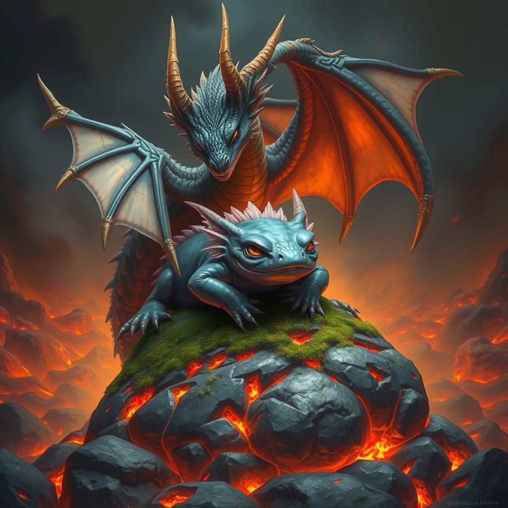 Majestic Dragon Protects Limp Axolotl in Lava Landscape