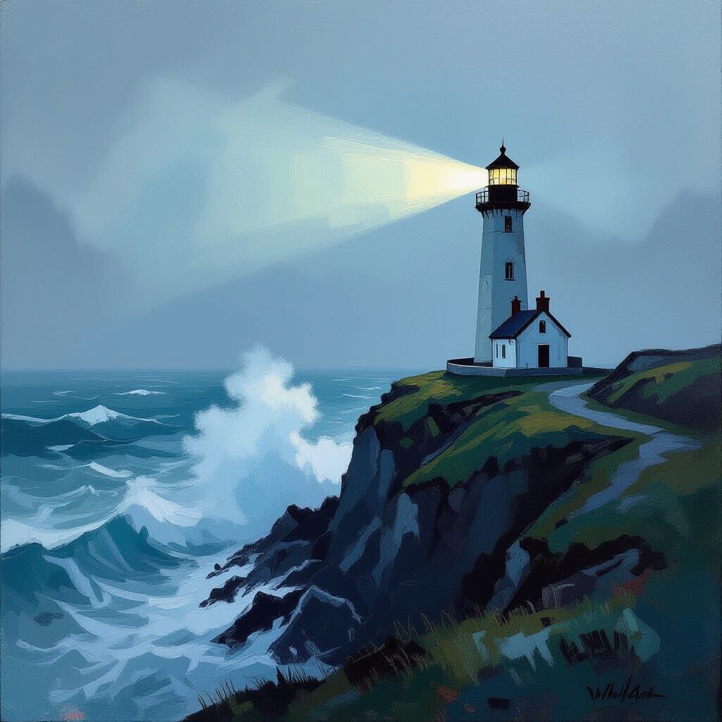 Solitary Lighthouse in Fog, Impasto Painting Style