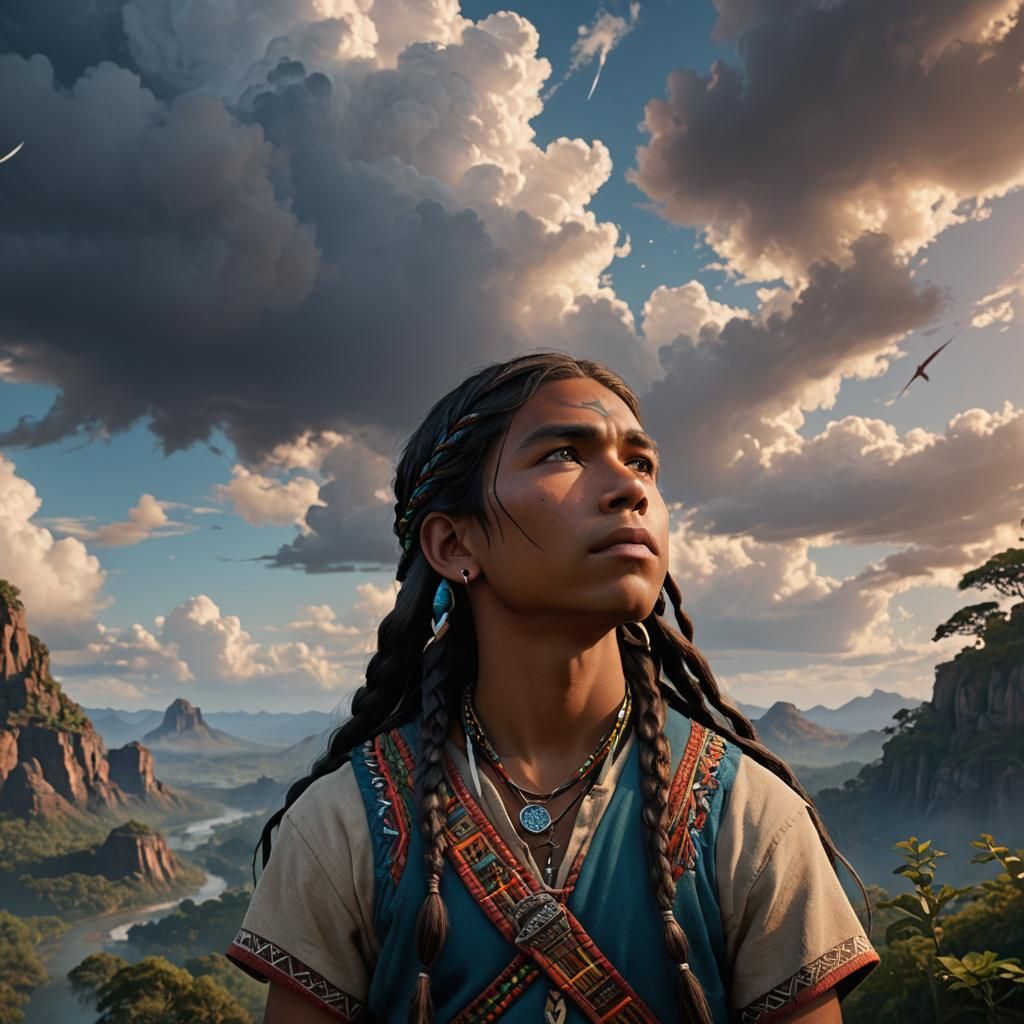 Sad Indigenous Boy Looks to the Sky