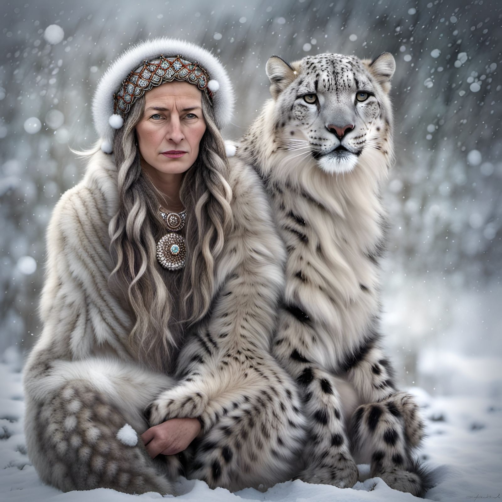 Woman and snowleopard