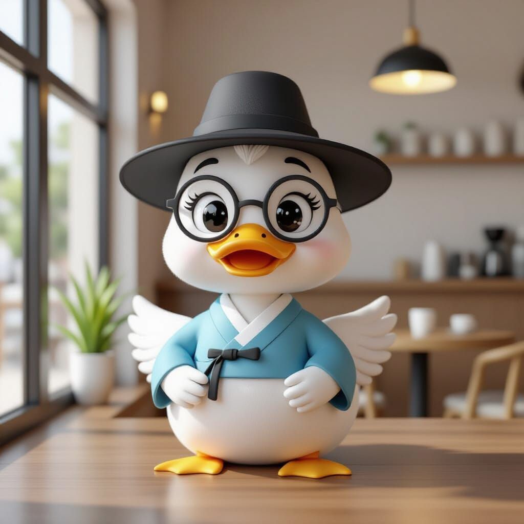 Cute Duck in Hanbok at Korean Cafe in 3D Style