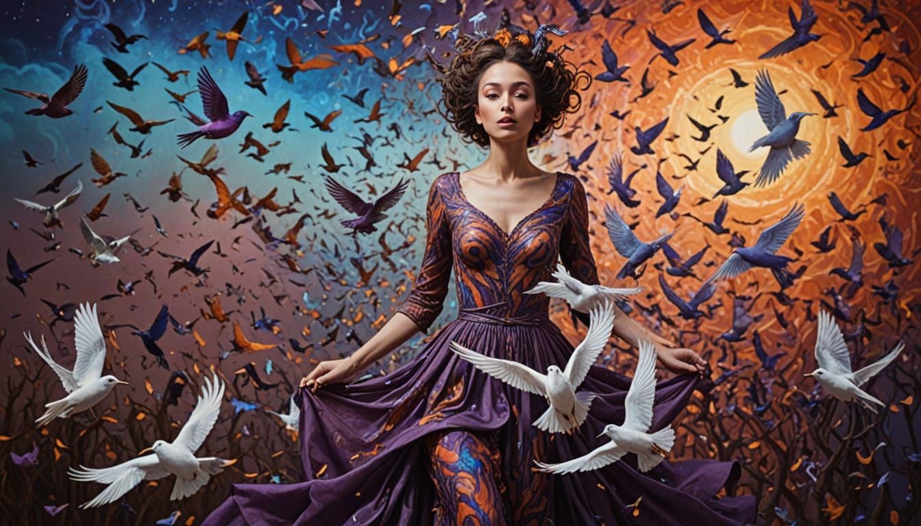Woman Transforms into Birds Amid Cosmic Energy