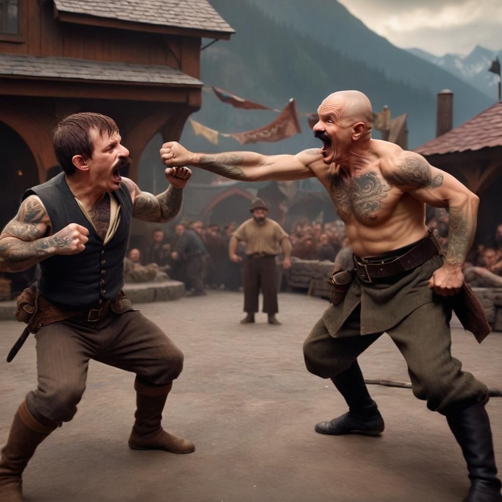 Hobbit Fistfight in Mountain Town Square: Detailed Matte Pai...