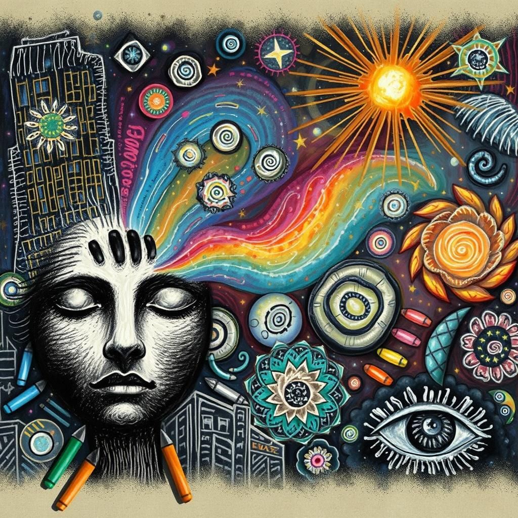 Child's Dream of a Cosmic City in Crayon Style