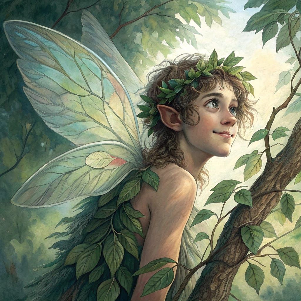 Smiling Fairy Hiding in a Tree, Watercolor Style