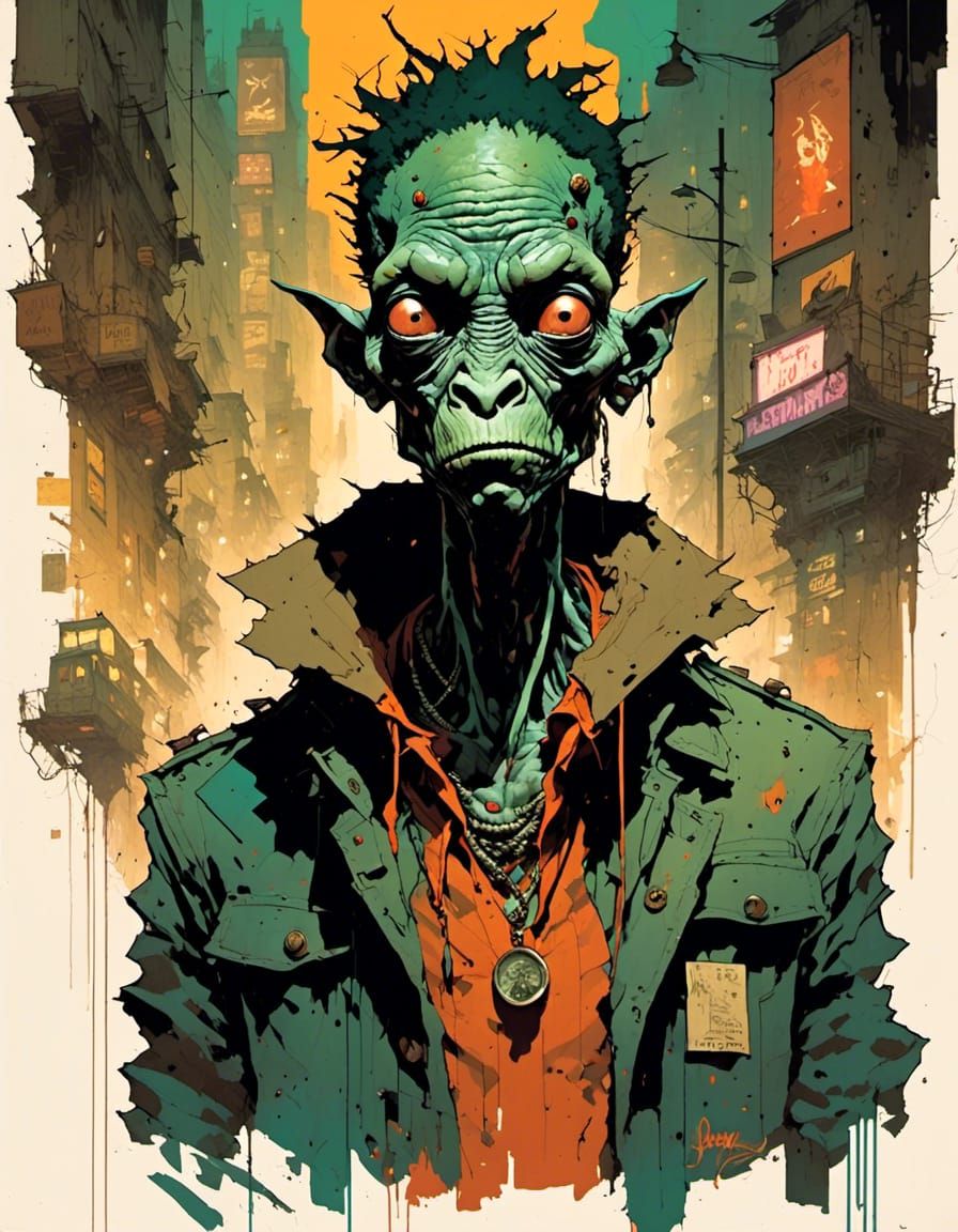 Cyberpunk Antiquities Dealer in Mixed-Media Collage