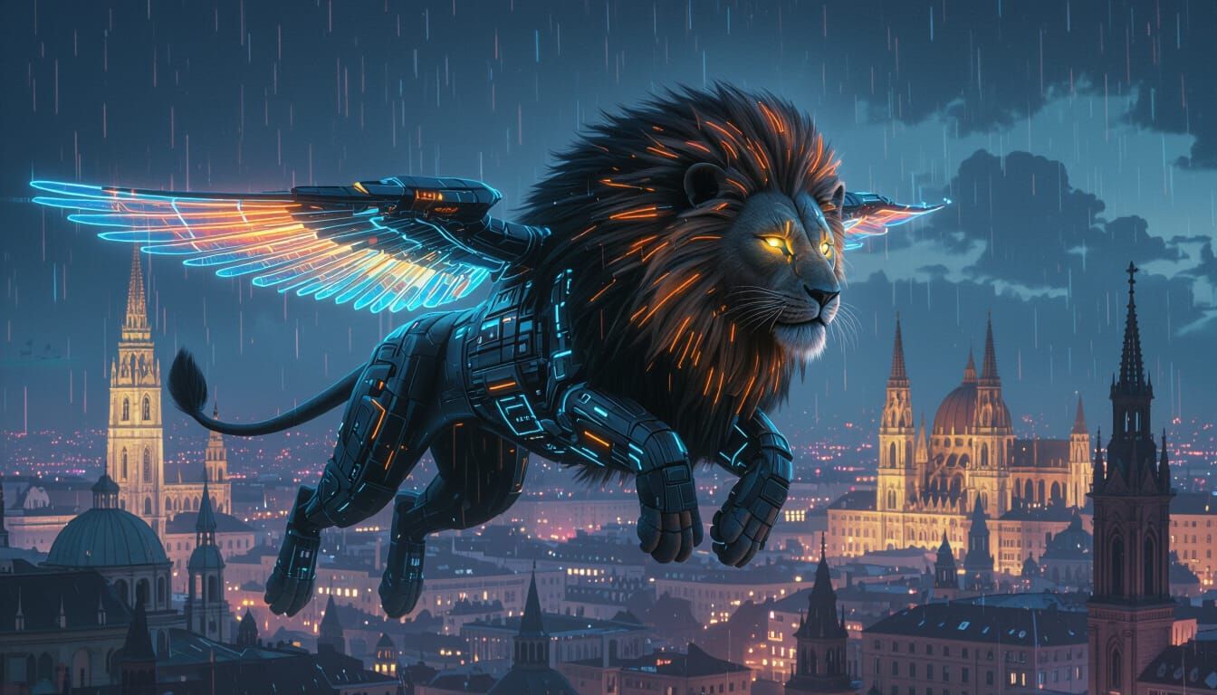 Cyberpunk Lion Over Neon Vienna Skyline