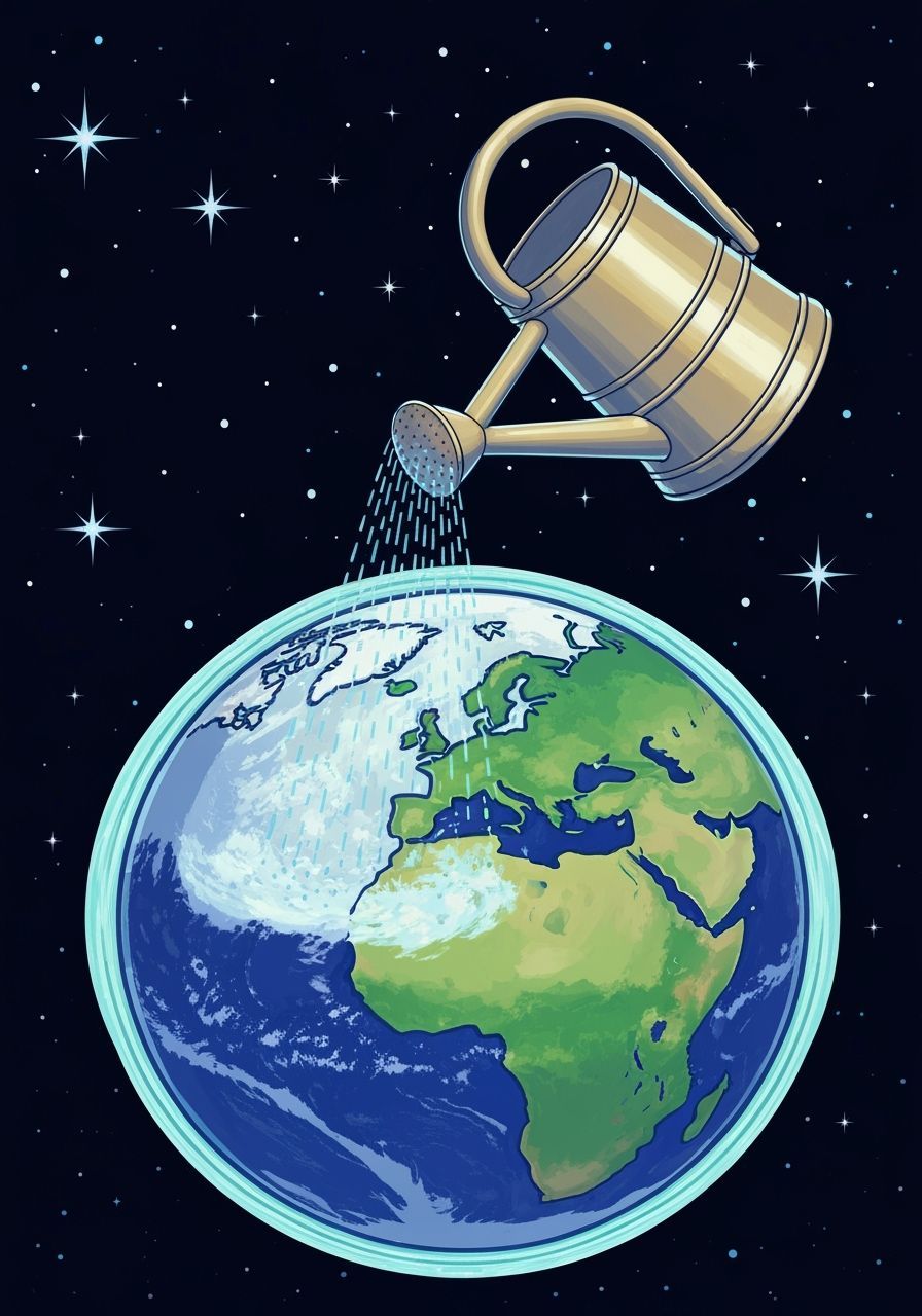 Celestial watering can showering the blessing of rain over t...