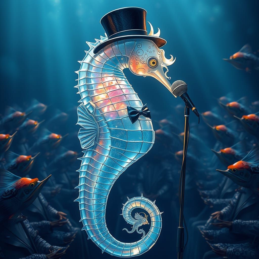 Luminescent Seahorse Performs for Elegant Fish Audience in U...