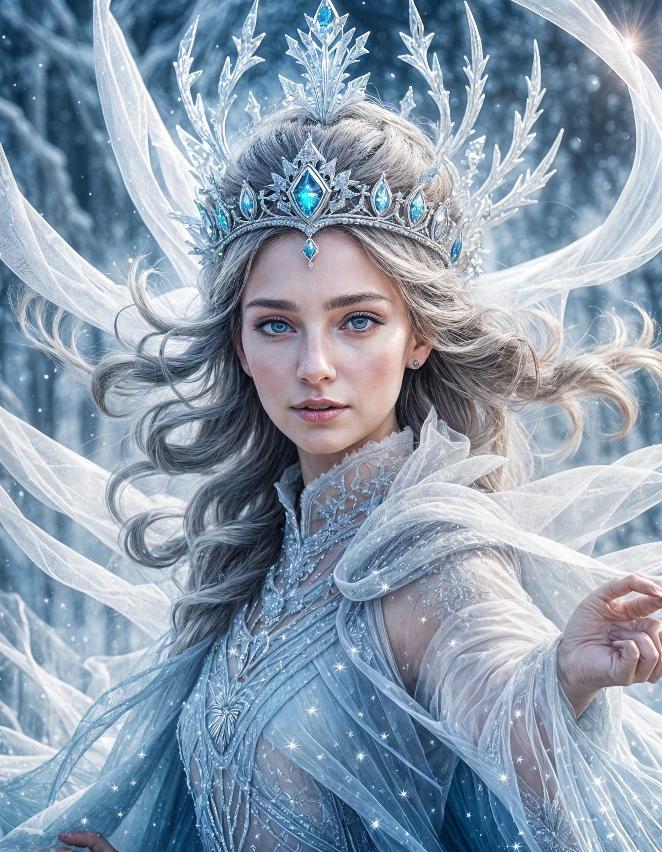 Ethereal Snow Goddess in Icy Winter Outfit