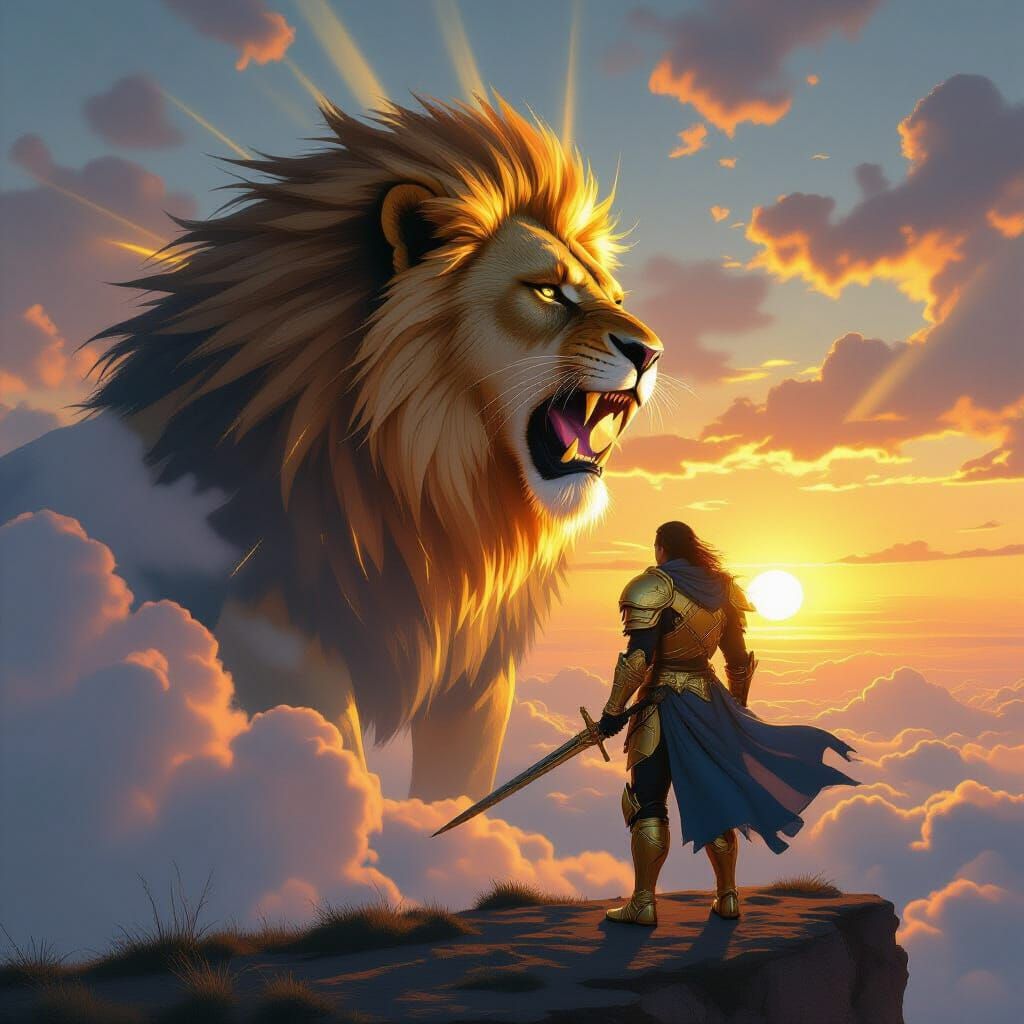 Golden Armored Warrior with Lion Spirit at Sunrise