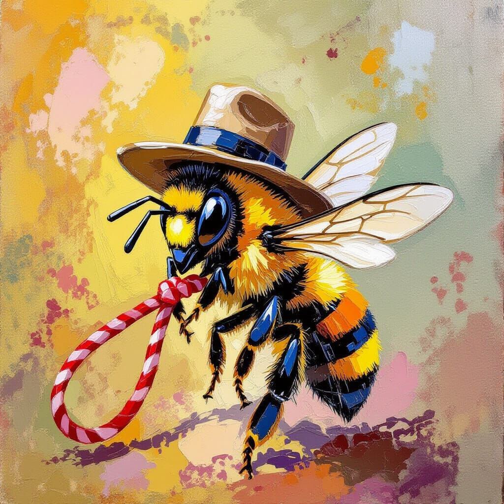 Wild Bee in Hat Pulls Whip in Gouache Style