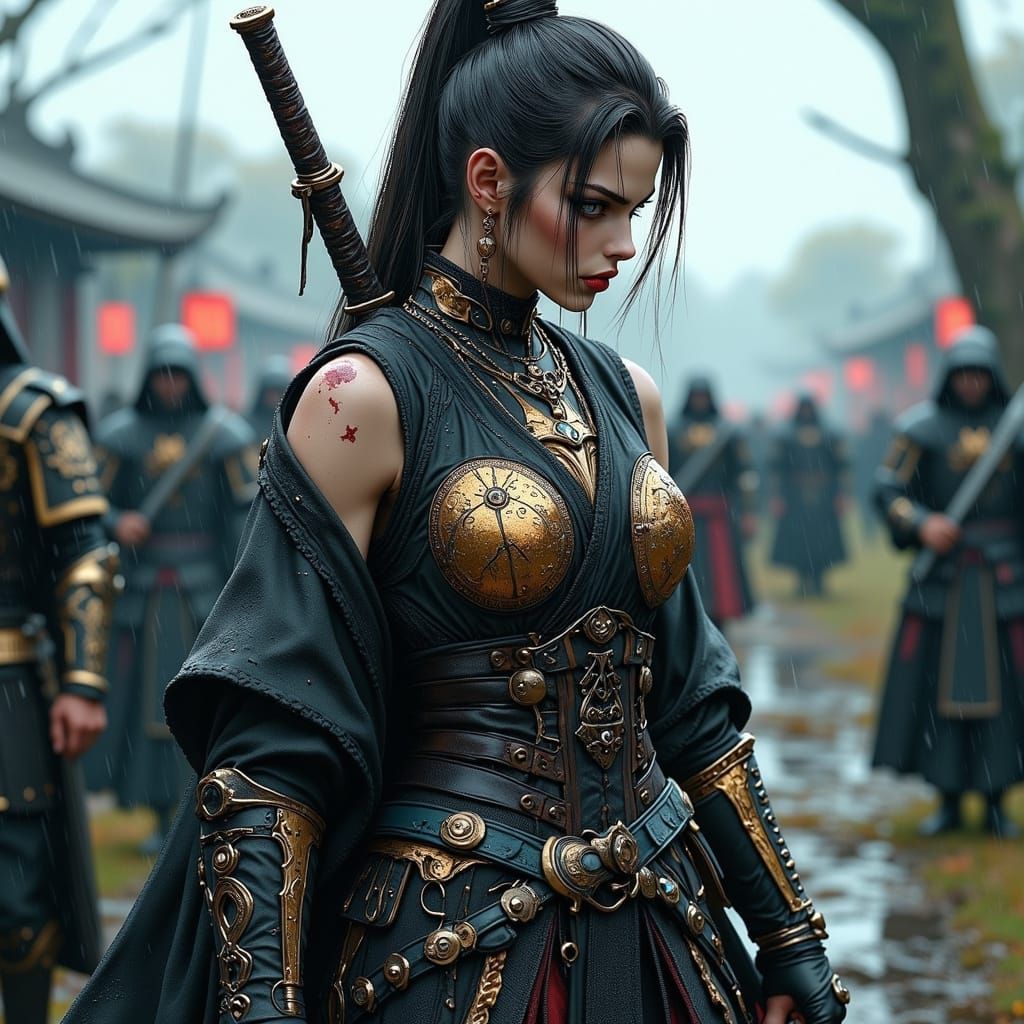 Samurai Warrior Woman on Battlefield in Anime Style